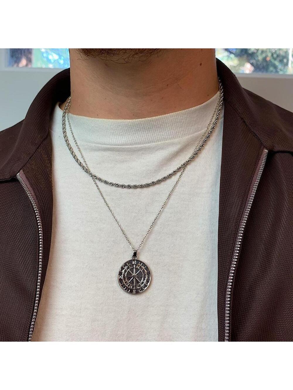 Y2k 2000s style Silver Circle Compass Pendant double layer rope chain Necklace. - Picture 2 of 8